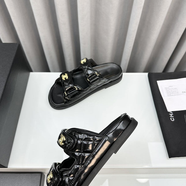 dad sandals black patent lambskin mules