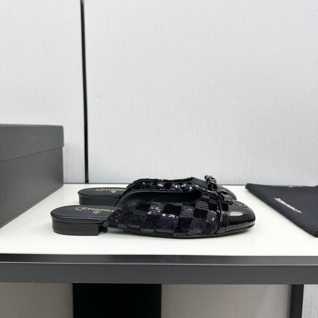 BOW MULE IN BLACK FABRIC AND CALFSKIN