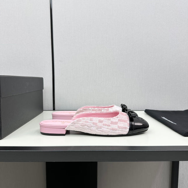 BOW MULE IN LIGHT PINK FABRIC AND BLACK CALFSKIN