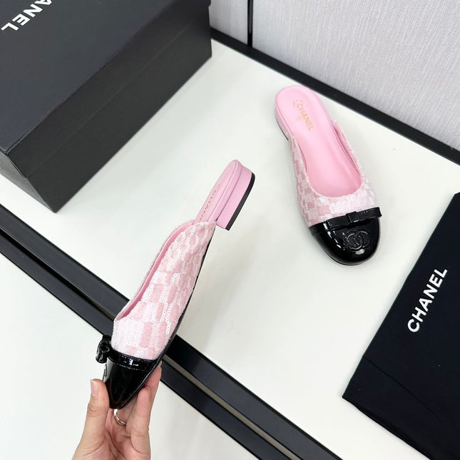 BOW MULE IN LIGHT PINK FABRIC AND BLACK CALFSKIN