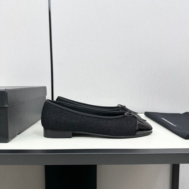 BALLET FLATS IN BLACK TWEED AND CALFSKIN