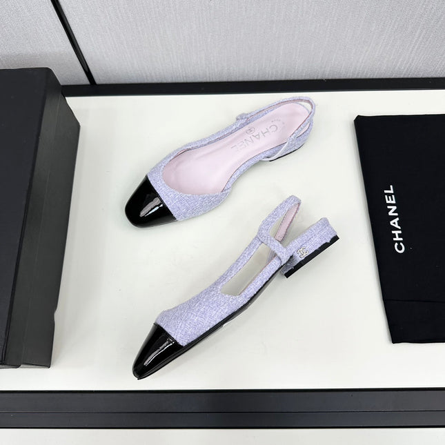 SLINGBACK LIGHT BLUE TWEED AND BLACK CALFSKIN