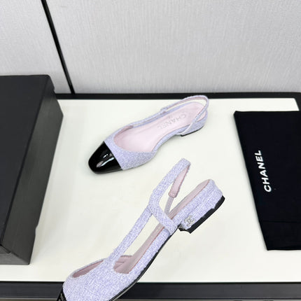 SLINGBACK LIGHT BLUE TWEED AND BLACK CALFSKIN