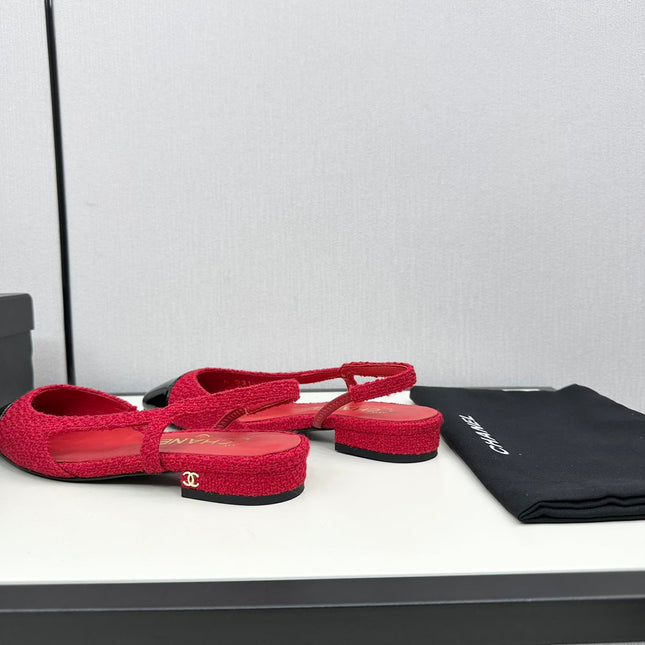 SLINGBACK ROSE RED TWEED AND BLACK CALFSKIN