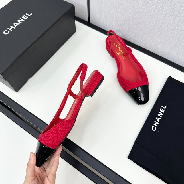 SLINGBACK ROSE RED TWEED AND BLACK CALFSKIN