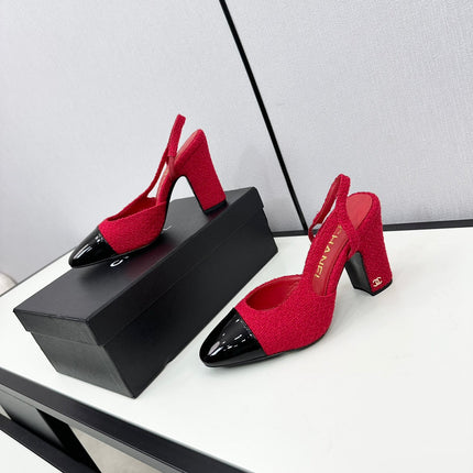 HIGH SLINGBACK ROSE RED TWEED AND BLACK CALFSKIN
