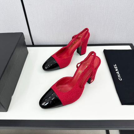 HIGH SLINGBACK ROSE RED TWEED AND BLACK CALFSKIN