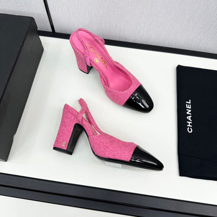 HIGH SLINGBACK BRIGHT PINK TWEED AND BLACK CALFSKIN