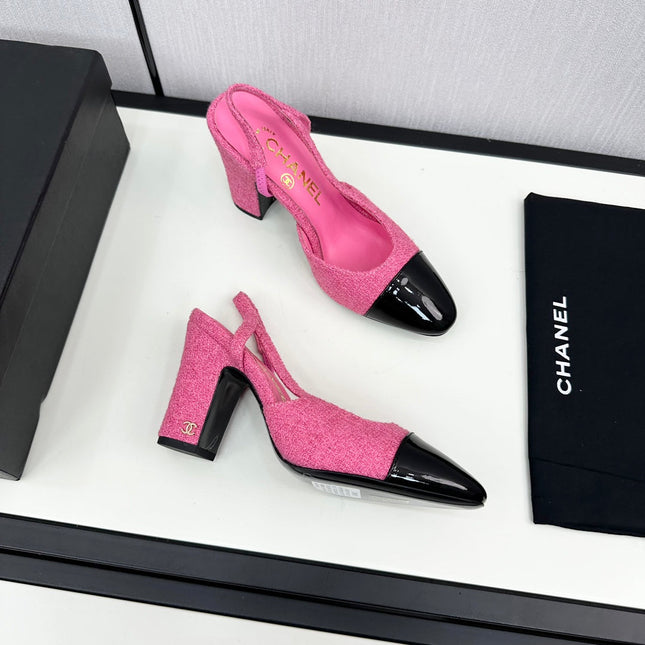 HIGH SLINGBACK BRIGHT PINK TWEED AND BLACK CALFSKIN