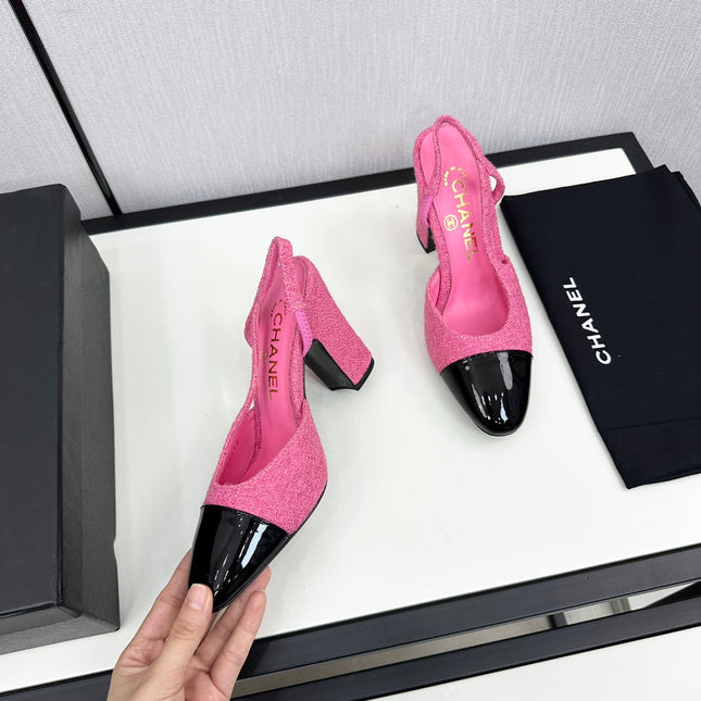 HIGH SLINGBACK BRIGHT PINK TWEED AND BLACK CALFSKIN