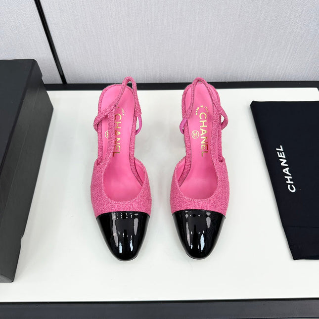 HIGH SLINGBACK BRIGHT PINK TWEED AND BLACK CALFSKIN