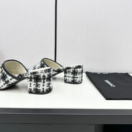 CC HIGH MULE IN WHITE MIX BLACK WOOL TWEED AND CALFSKIN