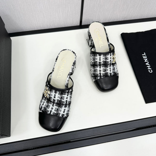 CC HIGH MULE IN WHITE MIX BLACK WOOL TWEED AND CALFSKIN