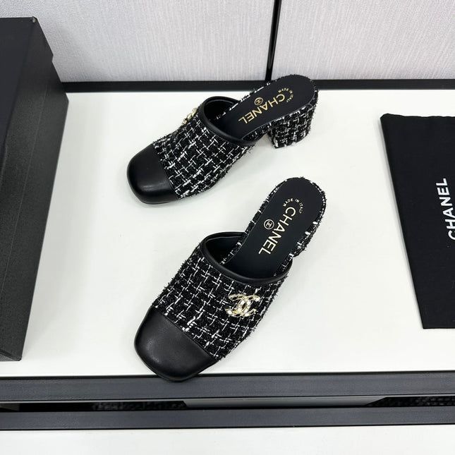 CC HIGH MULE IN BLACK MIX WHITE WOOL TWEED AND CALFSKIN