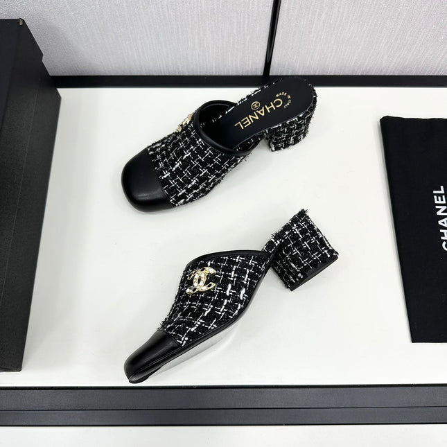 CC HIGH MULE IN BLACK MIX WHITE WOOL TWEED AND CALFSKIN