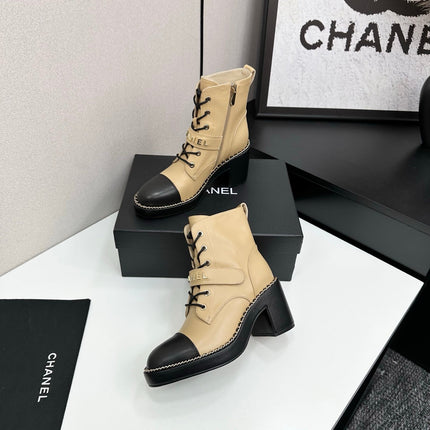 CHANEL 25S LACE-UP HEELED ANKLE BOOTS IN LIGHT GOLD CALFSKIN