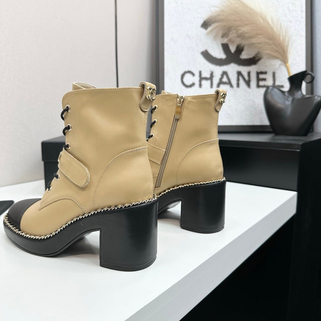 CHANEL 25S LACE-UP HEELED ANKLE BOOTS IN LIGHT GOLD CALFSKIN