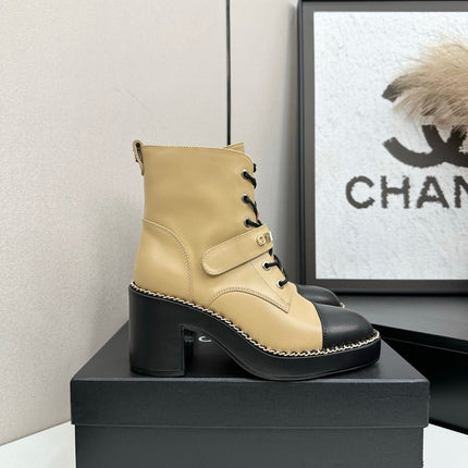 CHANEL 25S LACE-UP HEELED ANKLE BOOTS IN LIGHT GOLD CALFSKIN