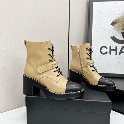 CHANEL 25S LACE-UP HEELED ANKLE BOOTS IN LIGHT GOLD CALFSKIN