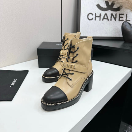 CHANEL 25S LACE-UP HEELED ANKLE BOOTS IN LIGHT GOLD CALFSKIN