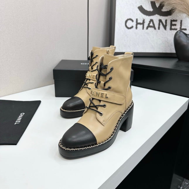 CHANEL 25S LACE-UP HEELED ANKLE BOOTS IN LIGHT GOLD CALFSKIN