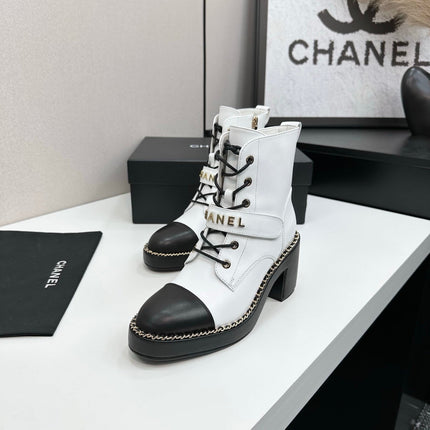 CHANEL 25S LACE-UP HEELED ANKLE BOOTS IN WHITE CALFSKIN
