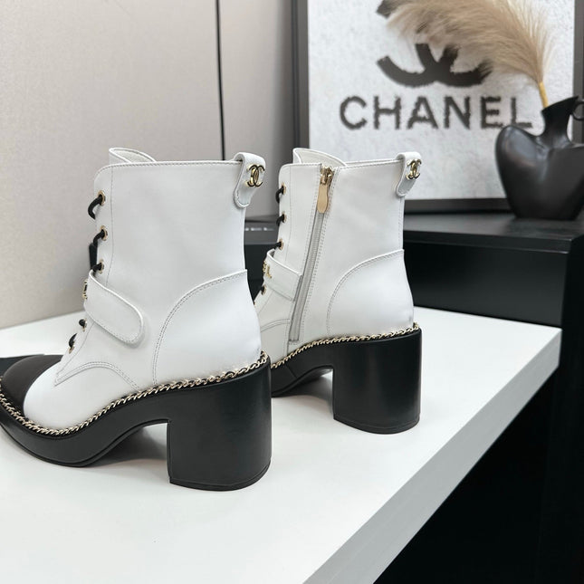 CHANEL 25S LACE-UP HEELED ANKLE BOOTS IN WHITE CALFSKIN