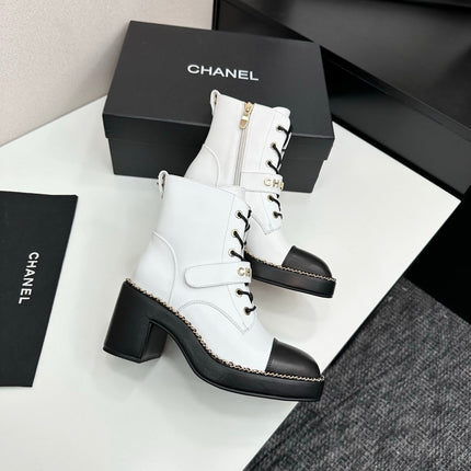 CHANEL 25S LACE-UP HEELED ANKLE BOOTS IN WHITE CALFSKIN