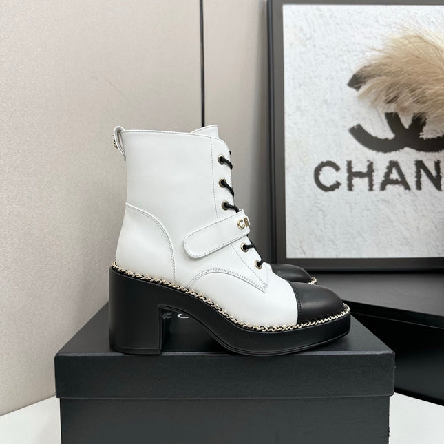 CHANEL 25S LACE-UP HEELED ANKLE BOOTS IN WHITE CALFSKIN