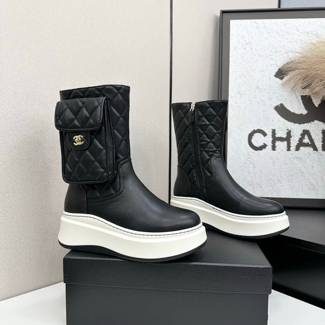 CHANEL 25S WEDGE ANKLE BOOTS IN BLACK CALFSKIN SILVER HARDWRE