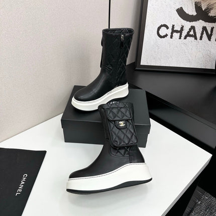CHANEL 25S WEDGE ANKLE BOOTS IN BLACK CALFSKIN SILVER HARDWRE