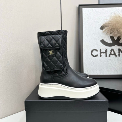 CHANEL 25S WEDGE ANKLE BOOTS IN BLACK CALFSKIN SILVER HARDWRE