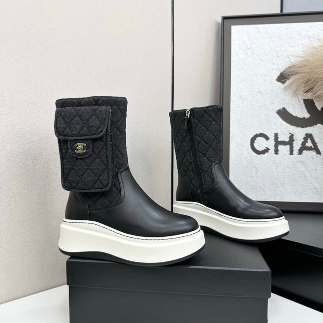 CHANEL 25S WEDGE ANKLE BOOTS IN BLACK CALFSKIN AND DENIM