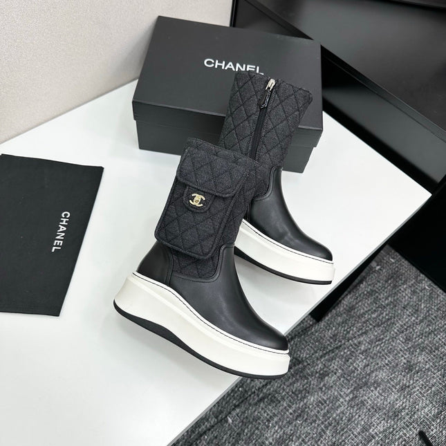 CHANEL 25S WEDGE ANKLE BOOTS IN BLACK CALFSKIN AND DENIM