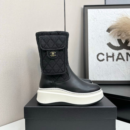 CHANEL 25S WEDGE ANKLE BOOTS IN BLACK CALFSKIN AND DENIM