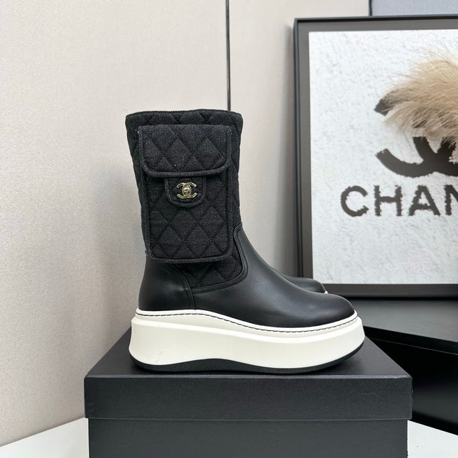 CHANEL 25S WEDGE ANKLE BOOTS IN BLACK CALFSKIN AND DENIM