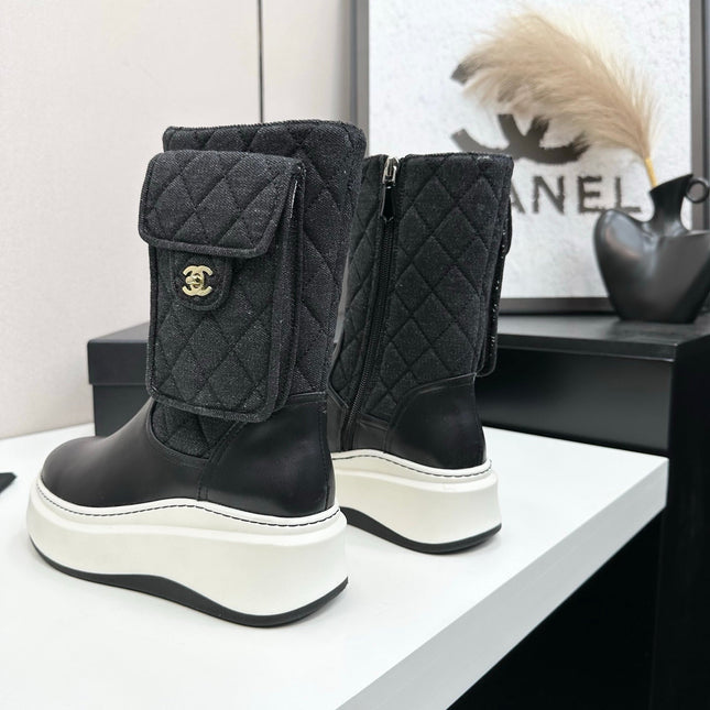 CHANEL 25S WEDGE ANKLE BOOTS IN BLACK CALFSKIN AND DENIM