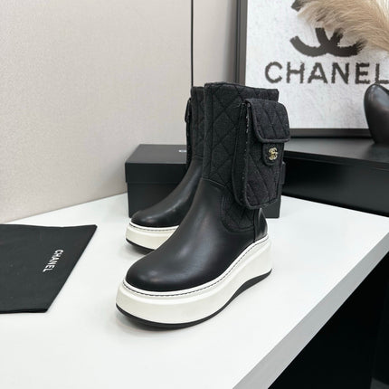 CHANEL 25S WEDGE ANKLE BOOTS IN BLACK CALFSKIN AND DENIM