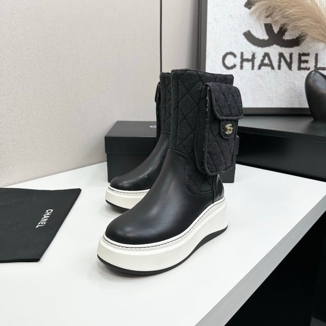CHANEL 25S WEDGE ANKLE BOOTS IN BLACK CALFSKIN AND DENIM