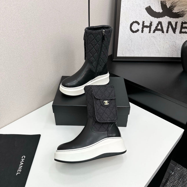 CHANEL 25S WEDGE ANKLE BOOTS IN BLACK CALFSKIN AND DENIM