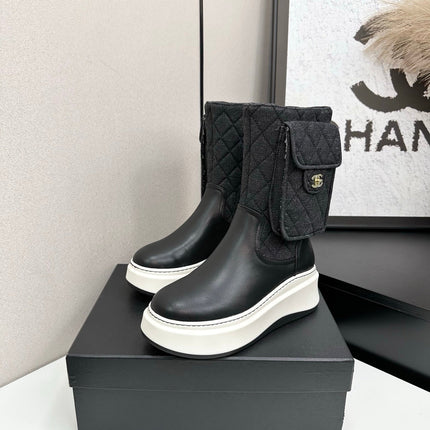CHANEL 25S WEDGE ANKLE BOOTS IN BLACK CALFSKIN AND DENIM