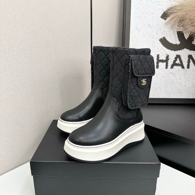 CHANEL 25S WEDGE ANKLE BOOTS IN BLACK CALFSKIN AND DENIM