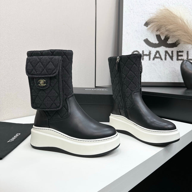 CHANEL 25S WEDGE ANKLE BOOTS IN BLACK CALFSKIN AND DENIM