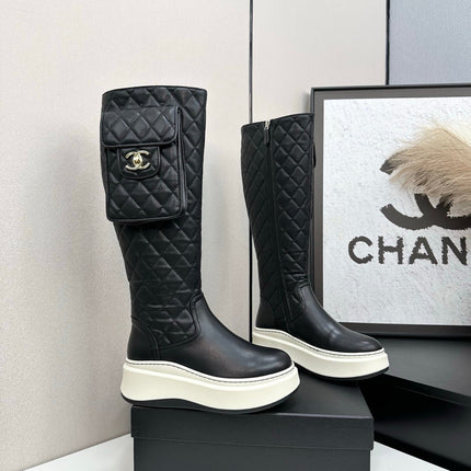 CHANEL 25S WEDGE KNEE-HIGH BOOTS IN BLACK CALFSKIN SILVER HARDWRE