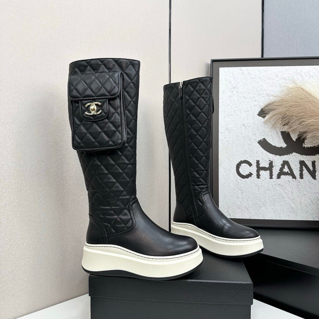 CHANEL 25S WEDGE KNEE-HIGH BOOTS IN BLACK CALFSKIN SILVER HARDWRE