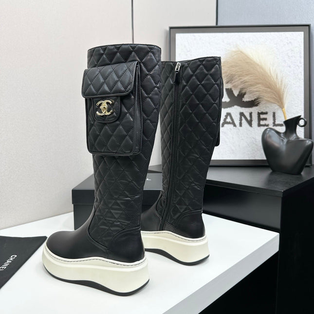CHANEL 25S WEDGE KNEE-HIGH BOOTS IN BLACK CALFSKIN SILVER HARDWRE