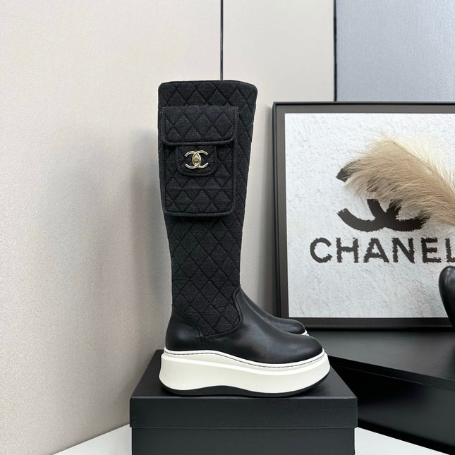 CHANEL 25S WEDGE KNEE-HIGH BOOTS IN BLACK CALFSKIN AND DENIM