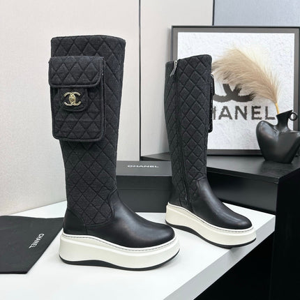 CHANEL 25S WEDGE KNEE-HIGH BOOTS IN BLACK CALFSKIN SILVER HARDWRE