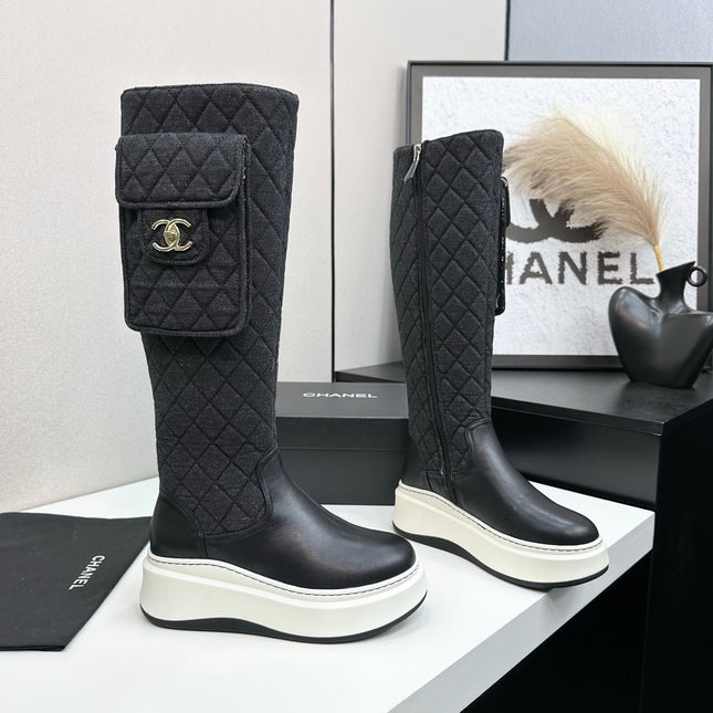 CHANEL 25S WEDGE KNEE-HIGH BOOTS IN BLACK CALFSKIN SILVER HARDWRE