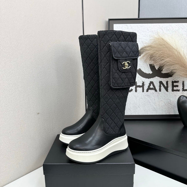 CHANEL 25S WEDGE KNEE-HIGH BOOTS IN BLACK CALFSKIN AND DENIM